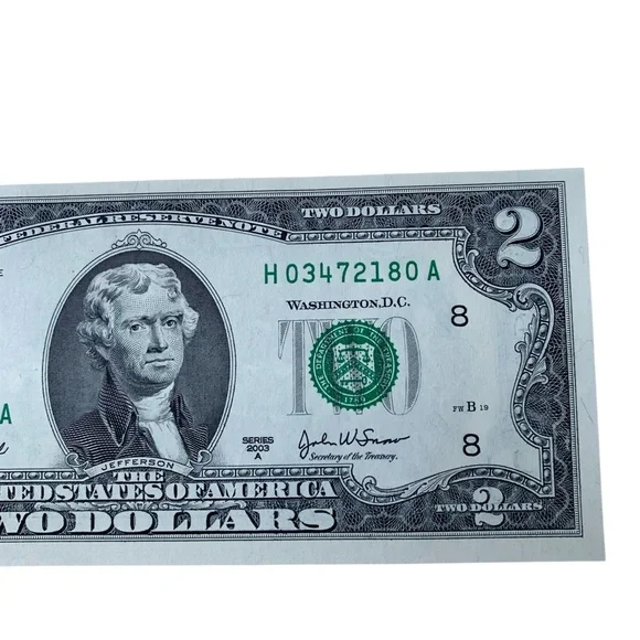 Two Dollar Bill with Green Seal Series 2003A H03472180A Serial Number - Picture 3 of 6